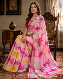Sari en soie tie-dye de luxe, broderie lourde, travail Zari, séchage rapide, sans plis, protection solaire, style moderne, tenue de mariage indienne - Product Image 3