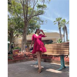 Handmade 100% Cotton <b>Pink</b> Color V Neck Mini Dress with Short Sleeves Tiered Hem And Drawstrings In Front Party <b>Bear</b> Dress - Product Image 5