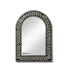 Miroir en forme d'arche avec incrustation de motifs de feuilles noirs et blancs – Décoration murale de luxe faite à la main - Product Image 1