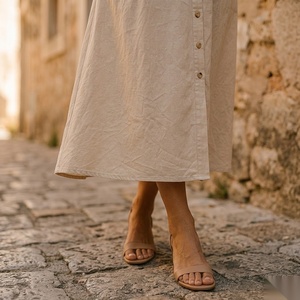 Robe midi à col en V avec boutons sur le devant et taille nouée, style bohème ample, robe d'été décontractée avec poches - Product Image 5