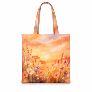 Bolsa de compras de lona de algodón con estampado floral de atardecer, diseño personalizado, tamaño personalizado, ecológica, promocional. - Product Image 1