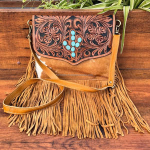 กระเป๋าคาดลำตัวหนังแท้สไตล์ตะวันตกแบบซ่อนมีพู่ประดับด้วยหนังกระบองเพชรทำด้วยมือ - Product Image 2