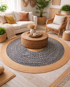 Handwoven Natural Jute Chindi Rug Black White Eco Friendly Braided Area Rug <b>Round</b> <b>Carpet</b> for Living Room Bedroom - Product Image 1