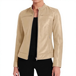 Chaqueta de Motociclista de Piel de Oveja, Corte Ajustado, Cuello Alto, Cierre de Cremallera, Unisex, para Otoño, Color Sólido, Largo Regular - Product Image 1