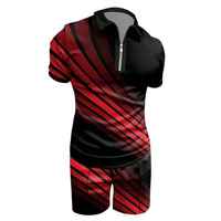 Ensemble polo et short pour homme, rayé rouge et noir, col zippé, style décontracté estival, imprimé, style streetwear, séchage rapide, polyester et élasthanne, tricoté