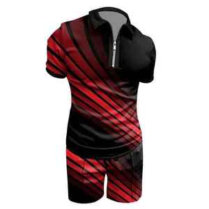 Ensemble polo et short pour homme, rayé rouge et noir, col zippé, décontracté, été, séchage rapide, polyester et élasthanne, tricoté - Product Image 2