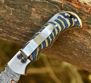 Cuchillo Plegable de Acero Damasco con Mango de Madera Pakka, Cuchillo de Bolsillo Táctico de Supervivencia para Caza y Camping, Edición Especial - Product Image 3