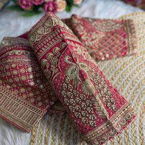 Red Luxury Traditional Short Slim Fit Bridal Blouse Heavy Gold Zari <b>Sequin</b> Work Hand Embroidered Woven Roman Silk Blend Party - Product Image 1