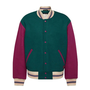 Chaqueta de béisbol verde y morada para hombre con cierre de botones, chaquetas tipo Letterman de alta calidad al por mayor - Product Image 1