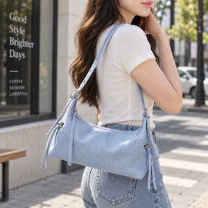Sac bandoulière tendance en PU avec breloque étoile, fermeture éclair, motif litchi, bleu denim, rose, noir, pour usage quotidien - Product Image 5