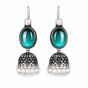 Oxidized <b>Silver</b> Monalisa Stone Chandelier <b>Earrings</b> | Imitation Pearl Vintage Ethnic Brass <b>Earrings</b> for Women | Handmade Indian - Product Image 1