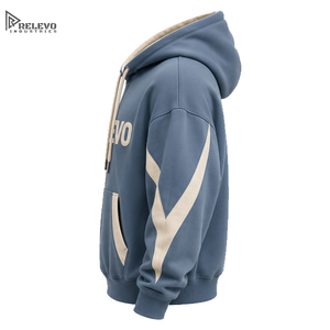 Sweat à capuche unisexe personnalisé en molleton épais de haute qualité, bleu ardoise avec panneau incurvé contrastant, style streetwear oversize pour homme - Product Image 3