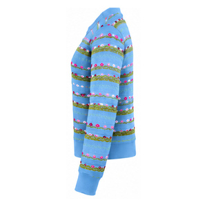 Cárdigan de punto floral de algodón suave para mujer, cuello redondo, manga larga, con botones, color azul, venta al por mayor de ropa. - Product Image 4
