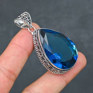 Magnifique pendentif en topaze bleue de Londres, pierre précieuse créée en laboratoire, en argent sterling 925, fait main, bijou statement, cadeau pour femme - Product Image 4