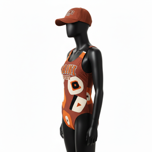 Traje de Baño Deportivo de Una Pieza para Mujer, Tejido Elástico Grueso de Poliéster y Spandex, Paneles Marrón y Naranja, Logotipo Personalizado - Product Image 3