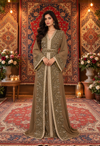 Mishkat Couture Elegant Timeless Plum <b>Velvet</b> Moroccan Caftan Intricate Hand Embroidery V Neck <b>Long</b> <b>Sleeve</b> Breathable <b>Maxi</b> <b>Dress</b> - Product Image 2
