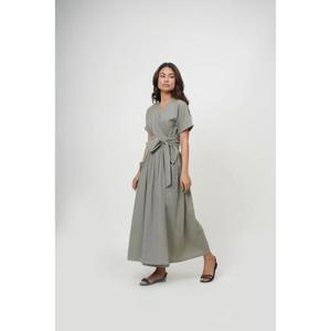 Robe longue en lin coupe trapèze à col en V, manches courtes, avec lien à nouer et poches, style simple et confortable pour femme - Prix de gros - Product Image 2
