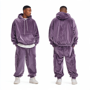 Ensemble de survêtement pour homme en velours côtelé violet à capuche, manches longues, couleur unie, coupe ample, décontracté, pour l'automne - Product Image 5