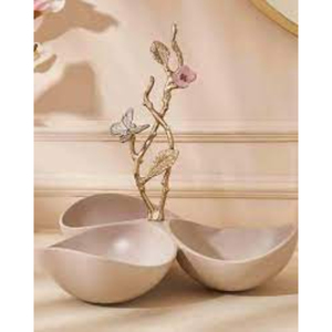 ชุดภาชนะใส่อาหารหรูหรา 3 ช่อง ผลิตจากโลหะคุณภาพสูง ดีไซน์ดอกไม้และใบไม้ สำหรับตกแต่งโต๊ะอาหาร นำเข้าจากอินเดีย - Product Image 1