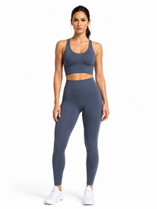 2-Piece Yoga Set Racerback Crew Neck Crop Top High-Waist Full-Length <b>Leggings</b> Contrast-<b>Stitch</b> Seamless Eco-Friendly Breathable - Product Image 1
