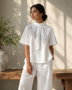 Ensemble coordonné bohème pour femmes en coton et lin blanc, toutes saisons, haut à col rond à manches trois quarts, pantalon large, coupe régulière, deux pièces - Product Image 5