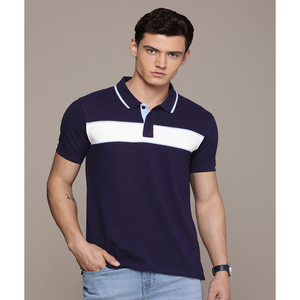Men's Navy Blue Short Sleeve Polo Shirt Color Blocked Knitted Casual Wear Breathable Design - Product Image 3