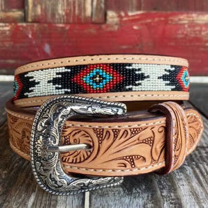 Ceinture en cuir occidental usiné Tan avec broderie de perles multicolores et boucle en alliage d'argent gravé Antique pour tenue de rodéo formelle - Product Image 1