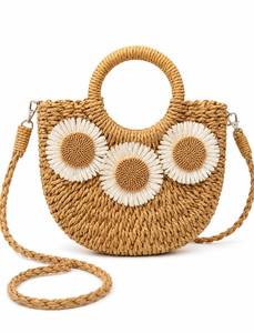 Bolso de Playa de Rafia Tejido a Mano de Lujo Personalizado con Diseño de Girasol y Margarita, Bolso de Hombro Cruzado de Media Luna con Correa para Mujer, Regalo de Verano - Product Image 3