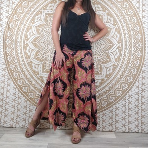Women's ODM <b>Pants</b> 100% Cotton Flared Cut Slit Sides High Elastic Waist Breathable Quick Dry Anti-Wrinkle Pink <b>Black</b> Ethnic Print - Product Image 4