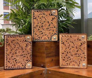 Executive Zippered Holder Hand <b>Tooled</b> <b>Leather</b> Documents Organizer Floral Portfolio File Folder With Letter A4 Size Notepad - Product Image 4