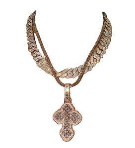 Collar con Colgante de Cruz y Cadena Cubana de Plata de Ley Chapada en Oro con Moissanita de Tres Tonos, Estilo Hip Hop, Joyería Unisex - Product Image 1