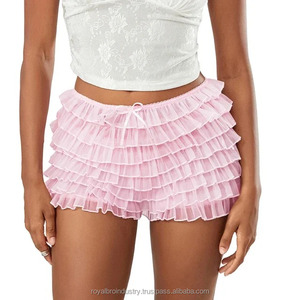 Femmes Plus Size Sexy Lace Ruffled Hot Shorts Vacation Beach Nightclub Streetwear Bloomers Casual Autumn Tiered Mesh Bowknot - Product Image 3