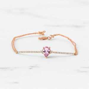 Bracelet Manchette en Argent Sterling 925 Plaqué Or Rose 14K avec Saphir Rose Poire, Bijou Pierre de Naissance, Cadeau - Product Image 1