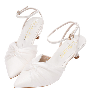 Ann'S Women <b>White</b> Satin Pointed Toe Bridal Pumps With Bow Ankle Strap Kitten <b>Heel</b> Comfort Shoes - Product Image 1