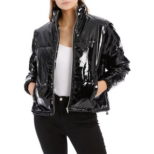 Women's Black PU Coated Quilted Jacket Full Sleeve <b>Stand</b> Collar Zipper Closure Winter Short Style - Product Image 4