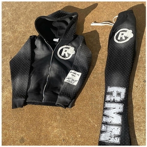 OEM Manufacture Custom High Quality Winter Vintage Distressed Screen Print Men Baggy Jogger Set Acid <b>Wash</b> Rhinestone 100% Cotton - Product Image 2
