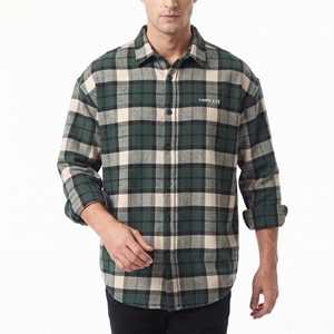 Camisa a cuadros de tres tonos para hombre, corte holgado, manga larga, tejido relajado, proveedor OEM de ropa al por mayor. - Product Image 4