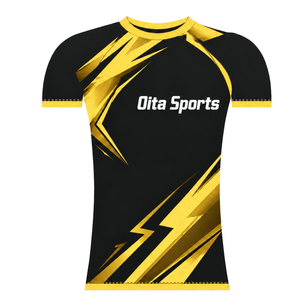 Maillot de compression athlétique à manches courtes noir et jaune doré, col ras du cou, motif éclair, pour entraînement de performance et sports de rame - Product Image 1