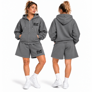 Wholesale New <b>Women's</b> Casual Short Hoodie <b>Set</b> 100% Cotton Custom Embroidery Oversize <b>2</b> <b>Piece</b> <b>Women</b> Zipper Hoodies Shorts <b>Set</b> - Product Image 3