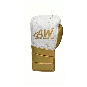 Askar Wear Ind Boxing Gloves <b>Leather</b> Lace-Up White Gold Adult Training Gear Breathable - Product Image 3
