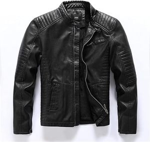 Chaqueta de Motociclista de Cuero PU Negra para Hombre, Cuello Alto, Cierre de Cremallera, Corte Regular, Color Sólido, para Otoño - Product Image 1