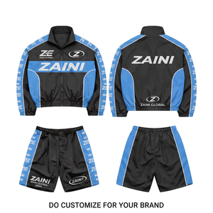 Premium 90 GSM Polyester Winter Casual Windbreaker Short <b>Set</b> Black Blue Side Panel Hooded Silk Screen Printed Custom Logo - Product Image 1