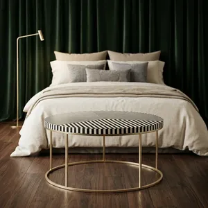 <b>Round</b> Bone Inlay Coffee <b>Table</b> with Geometric Patterned Top and <b>Gold</b> Metal Frame Modern Living Room Furniture Accent Center <b>Table</b> - Product Image 3