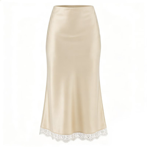Jupe en satin pour femme, taille haute, couleur unie, coupe trapèze, avec empiècements en dentelle, élégante, longueur genou, en soie - Product Image 2