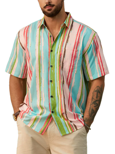 Chemise décontractée d'été pour homme en flanelle 100 % soie infroissable, imprimé hawaïen, boutonnée, pour la plage et les vacances, à rayures, tendance - Product Image 1