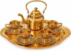 Luxury Brass <b>Tea</b> <b>Set</b> with Teapot, <b>Cups</b>, Saucers and Serving Tray – Traditional Indian Handcrafted Brass <b>Tea</b> & Coffee <b>Set</b> - Product Image 1
