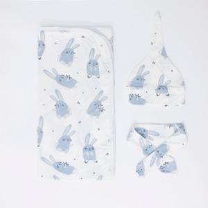 Ensemble de couvertures portables en coton, imprimé lapin bleu, doux, avec bonnet, pour bébé - Product Image 1