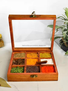 Custom Multipurpose <b>Pine</b> Wood Polished Antique Spice <b>Box</b> with 9 Compartments for Masala Storage - Product Image 4