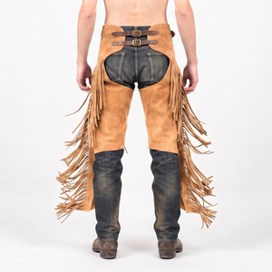 Chaps en cuir véritable pour homme, style western décontracté, taille haute, coupe régulière, avec franges, fermeture à boucle, poche en cuir pour l'équitation - Product Image 4