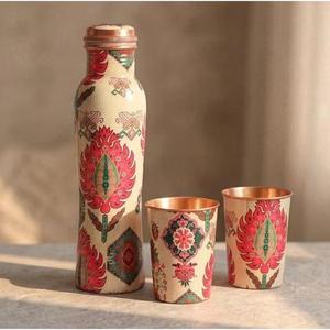 Juego de Botella y Taza de Agua Ecológica de Cobre con Diseño Floral Clásico, Vajilla Portátil para Viajes - Product Image 3